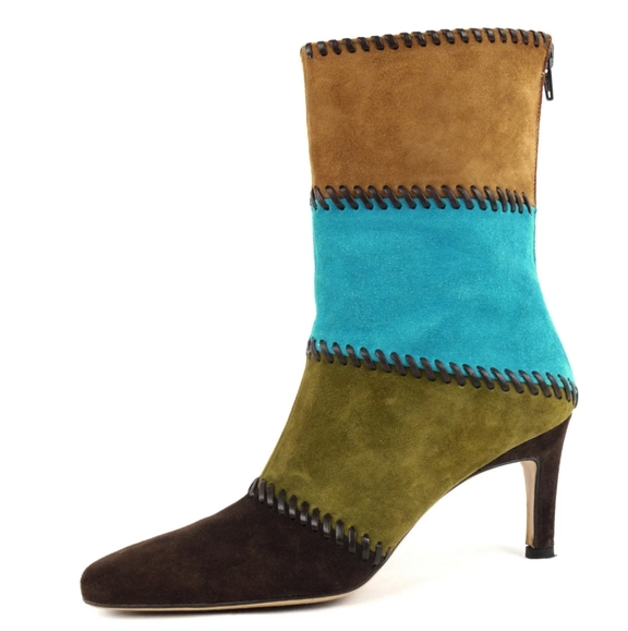 Salvatore Ferragamo Shoes - SALVATORE FERRAGAMO Vintage Multicolor Leather Stitched Suede Boots Size 7.5B